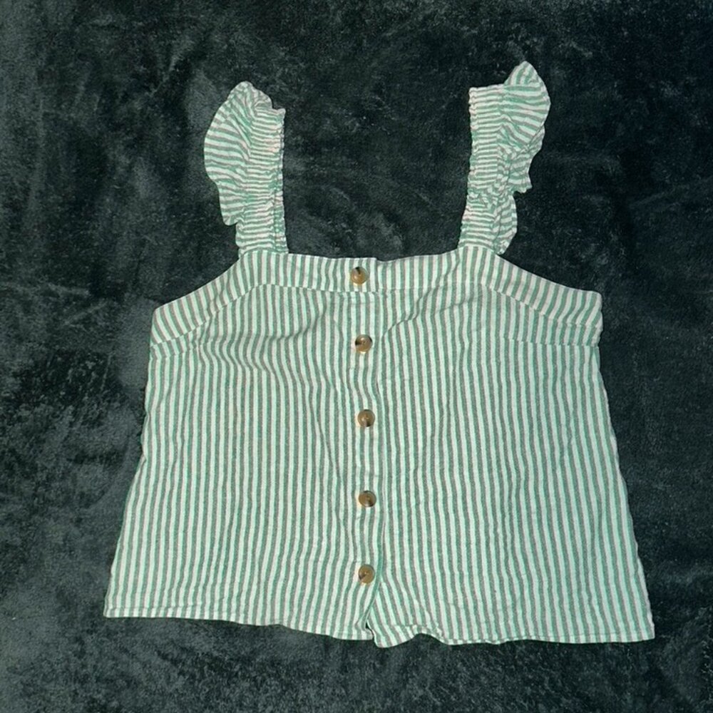 J. Crew Green and White Striped PETITE Sleeveless Ruffle Top